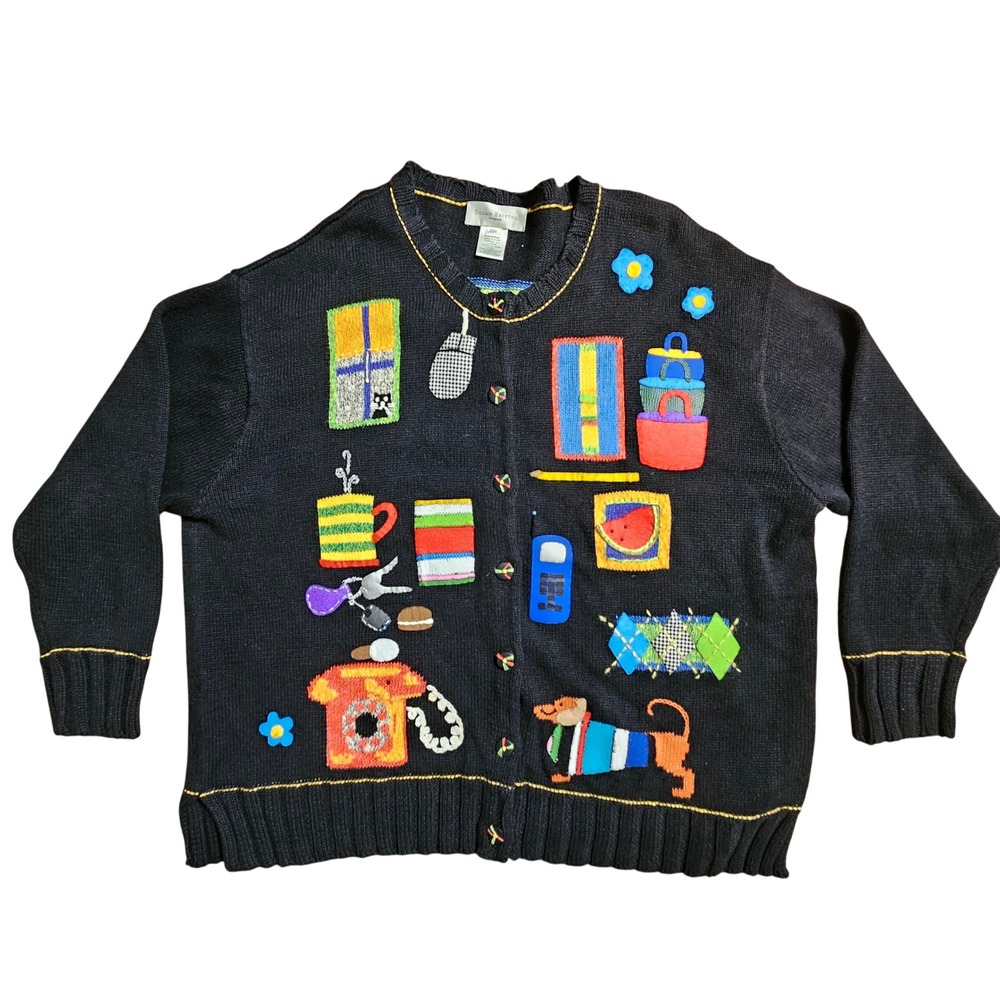 Vintage Susan Bristol Womens 2W Hand Embroidered Cardigan Ugly Sweater Novelty